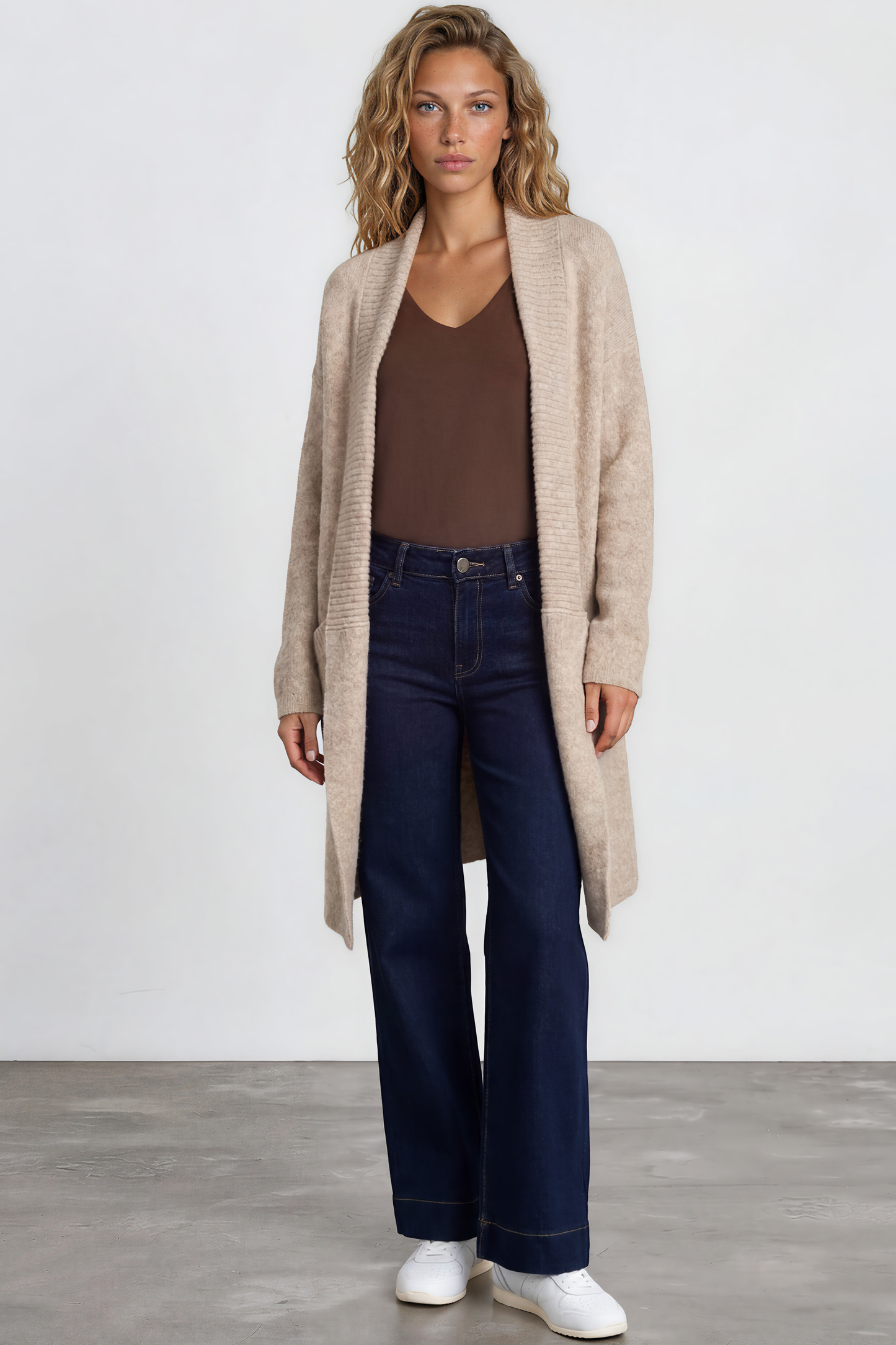 Oswin Cardigan - Open Front Ribbed Shawl Collar Knit with Pockets in Beige