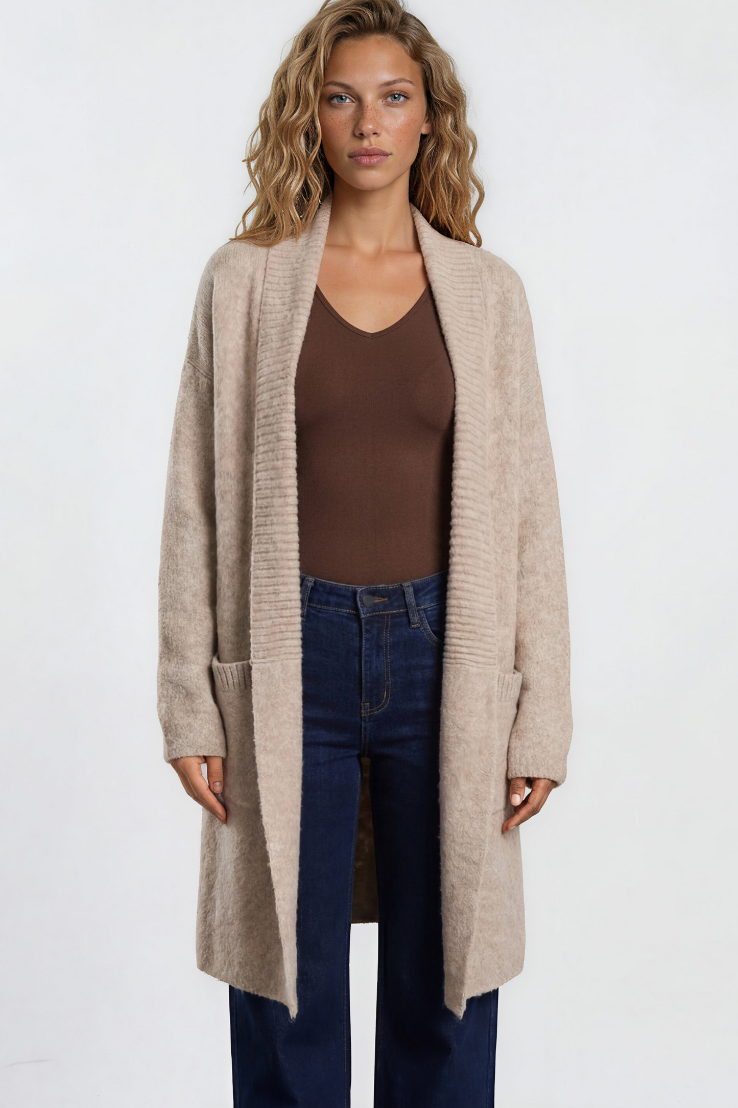 Oswin Cardigan - Open Front Ribbed Shawl Collar Knit with Pockets in Beige