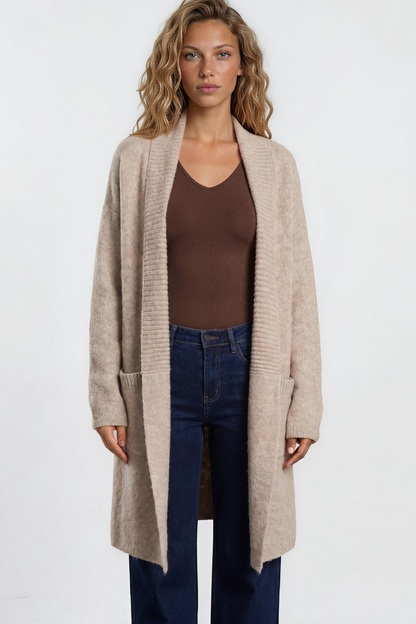 Oswin Cardigan - Open Front Ribbed Shawl Collar Knit with Pockets in Beige