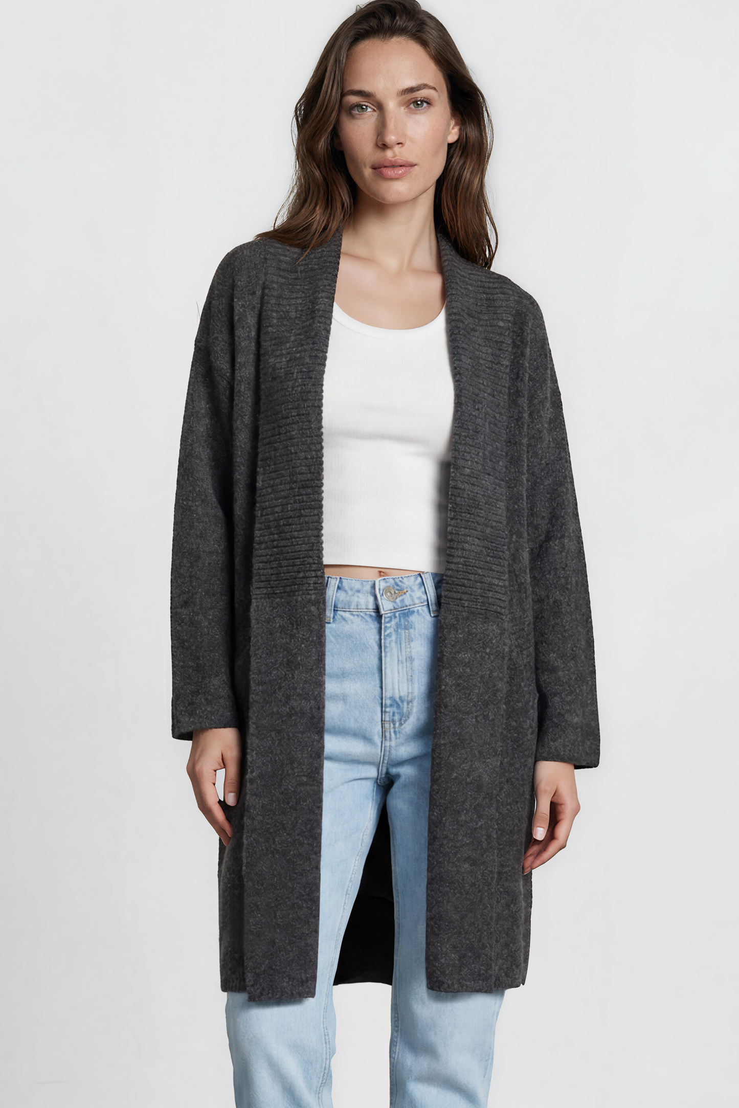 Oswin Cardigan - Open Front Ribbed Shawl Collar Knit with Pockets in Charcoal