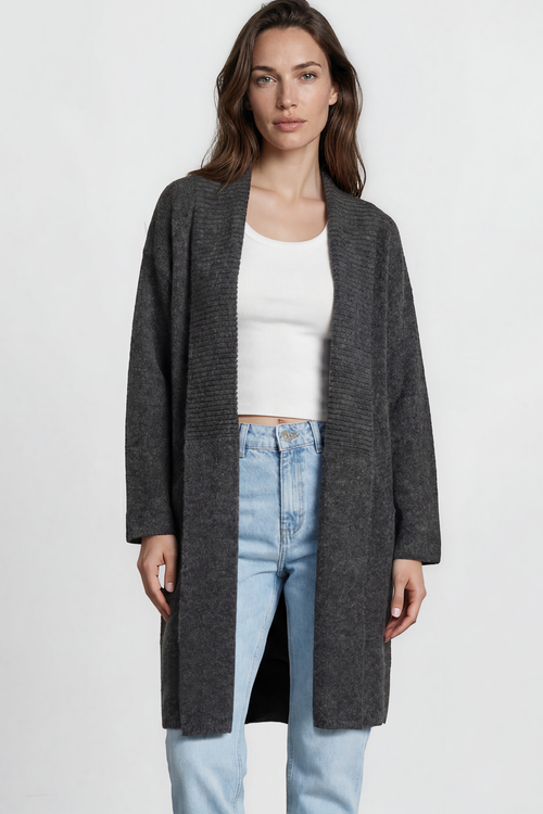 Oswin Cardigan - Open Front Ribbed Shawl Collar Knit with Pockets in Charcoal