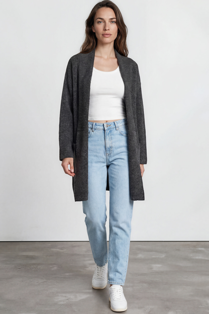 Oswin Cardigan - Open Front Ribbed Shawl Collar Knit with Pockets in Charcoal