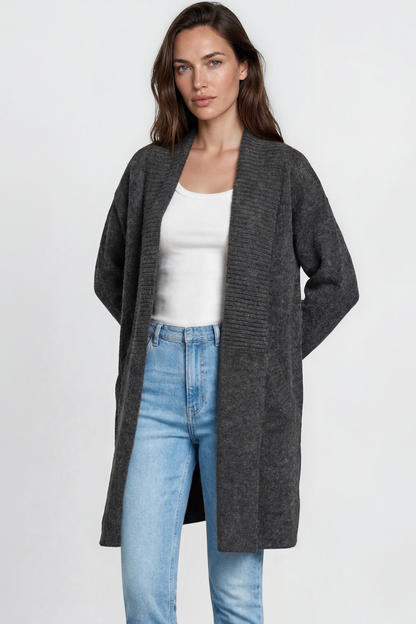 Oswin Cardigan - Open Front Ribbed Shawl Collar Knit with Pockets in Charcoal