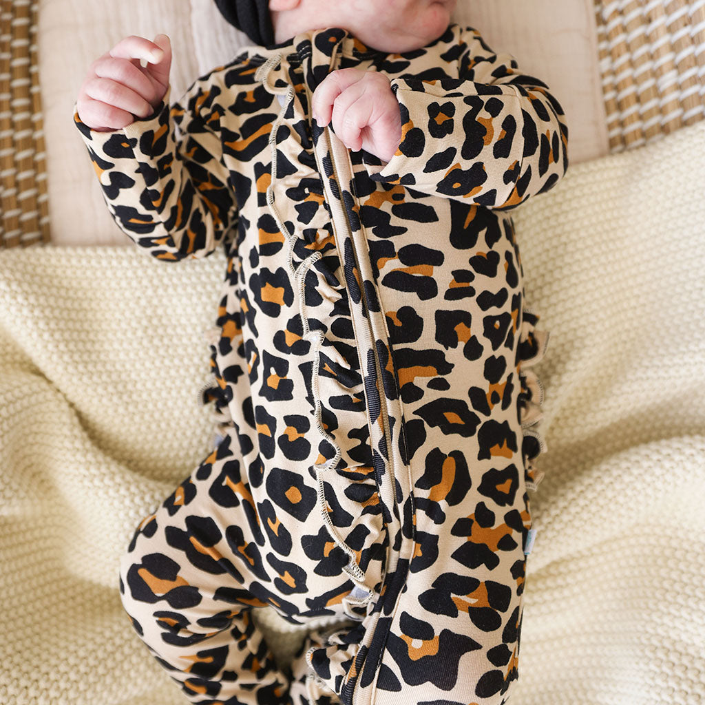 Lana Leopard Tan Footie Ruffled Zippered One Piece