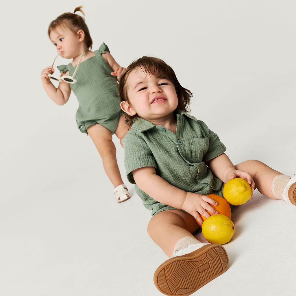 Soft Jade Cotton Crinkle Ruffled Romper