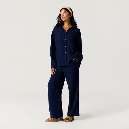 Varsity Navy Women's Oversized Cotton Crinkle Shirt