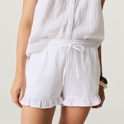 Women's White Cotton Crinkle Ruffled Shorts