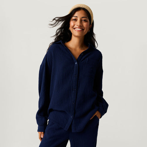 Varsity Navy Women's Oversized Cotton Crinkle Shirt