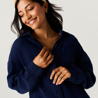 Varsity Navy Women's Oversized Cotton Crinkle Shirt