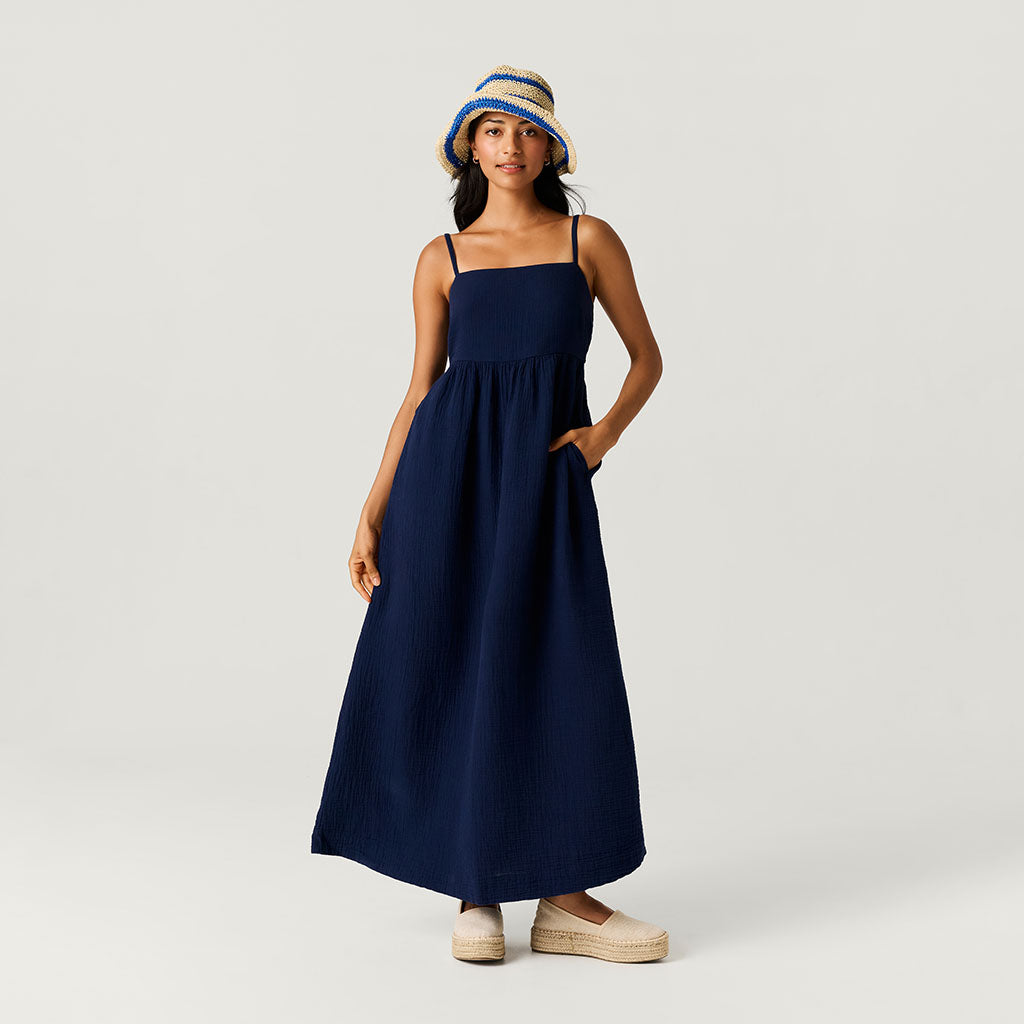 Varsity Navy Women's Cotton Crinkle Maxi Dress