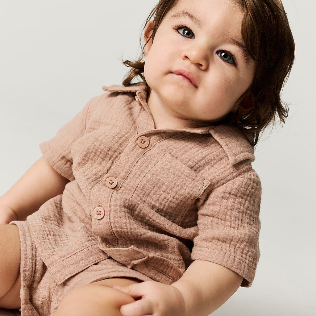 Macchiato Cotton Crinkle Button Down Short Set