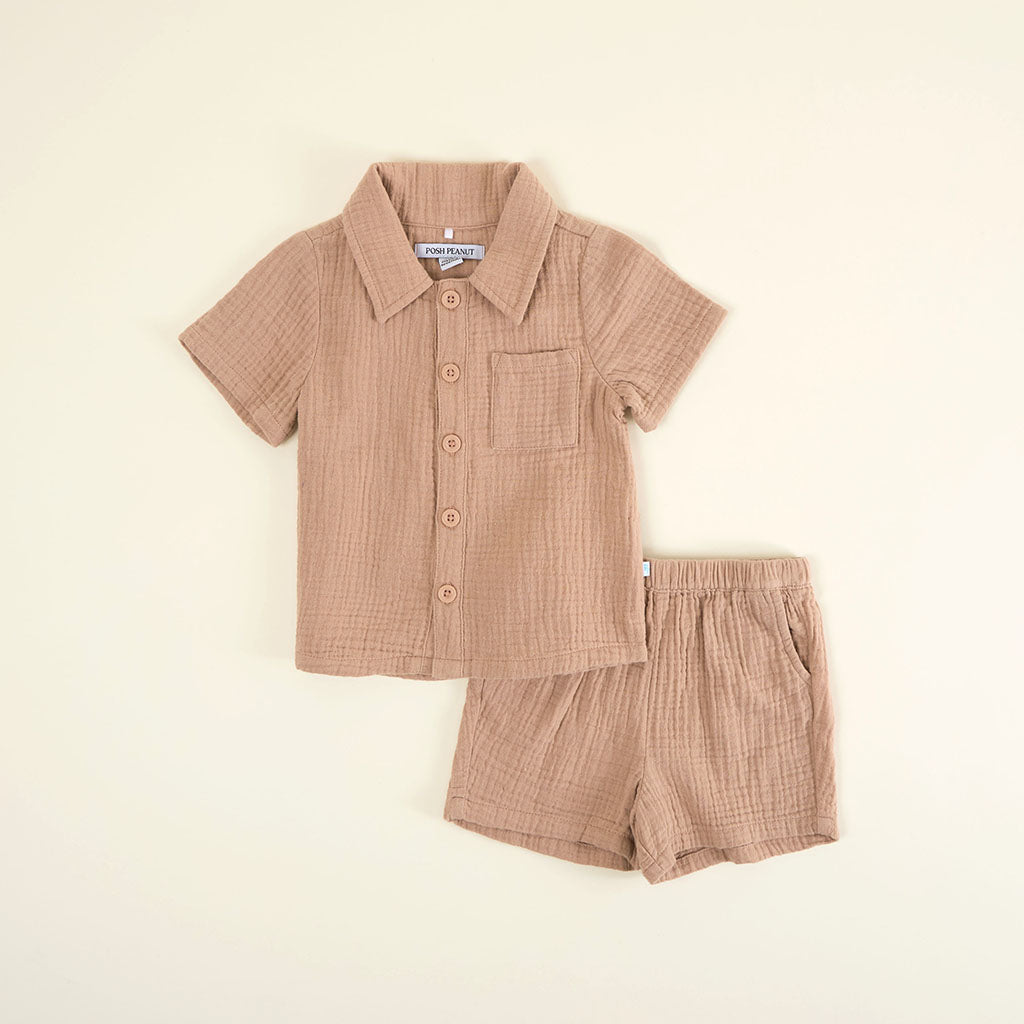 Macchiato Cotton Crinkle Button Down Short Set