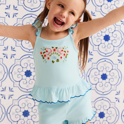 Blue Chiaro French Terry Scalloped Tank Short Set