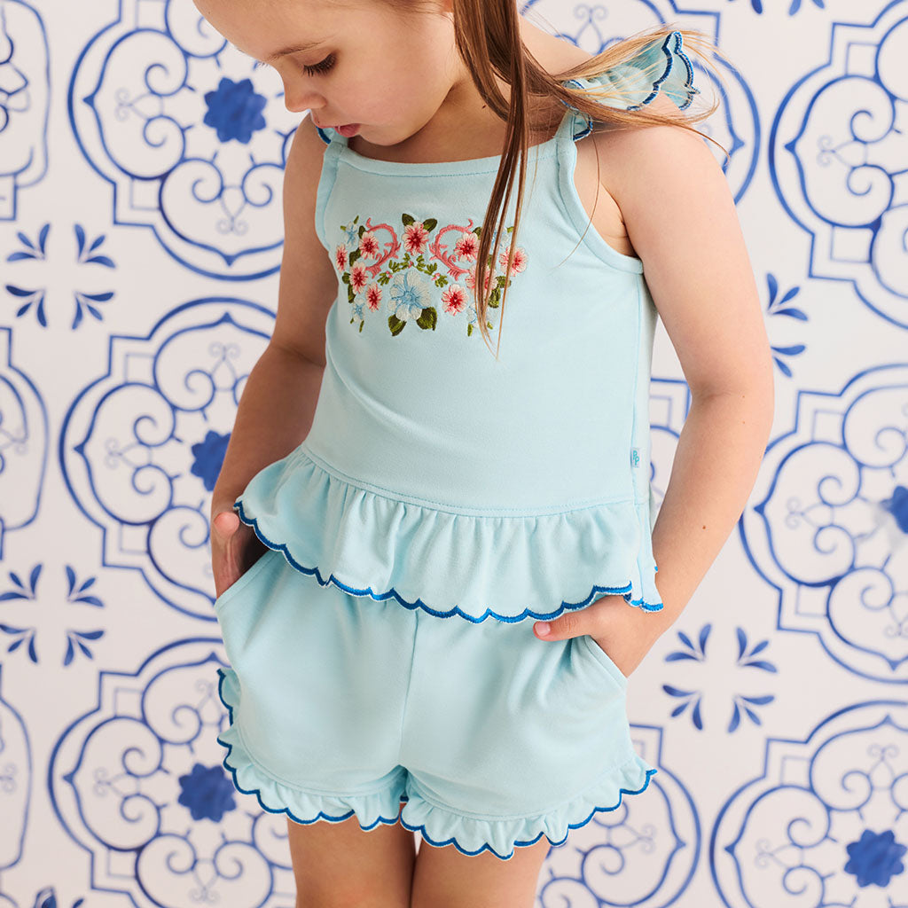 Blue Chiaro French Terry Scalloped Tank Short Set