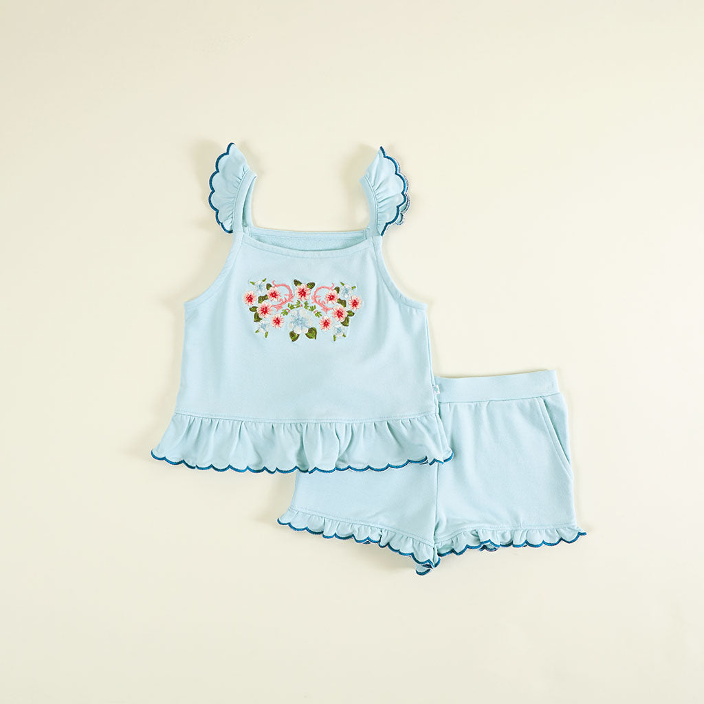Blue Chiaro French Terry Scalloped Tank Short Set
