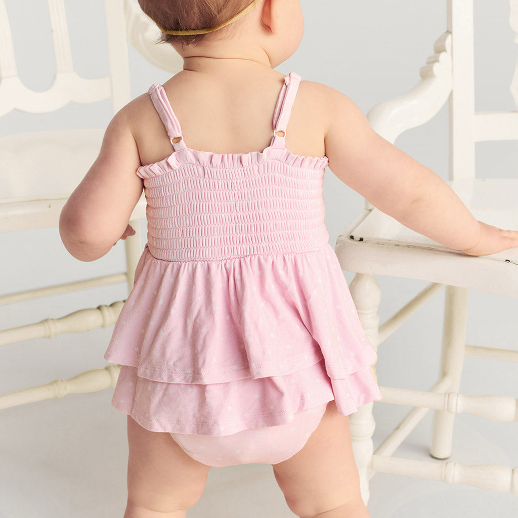 Caroline Dot Smocked Tiered Bodysuit Dress