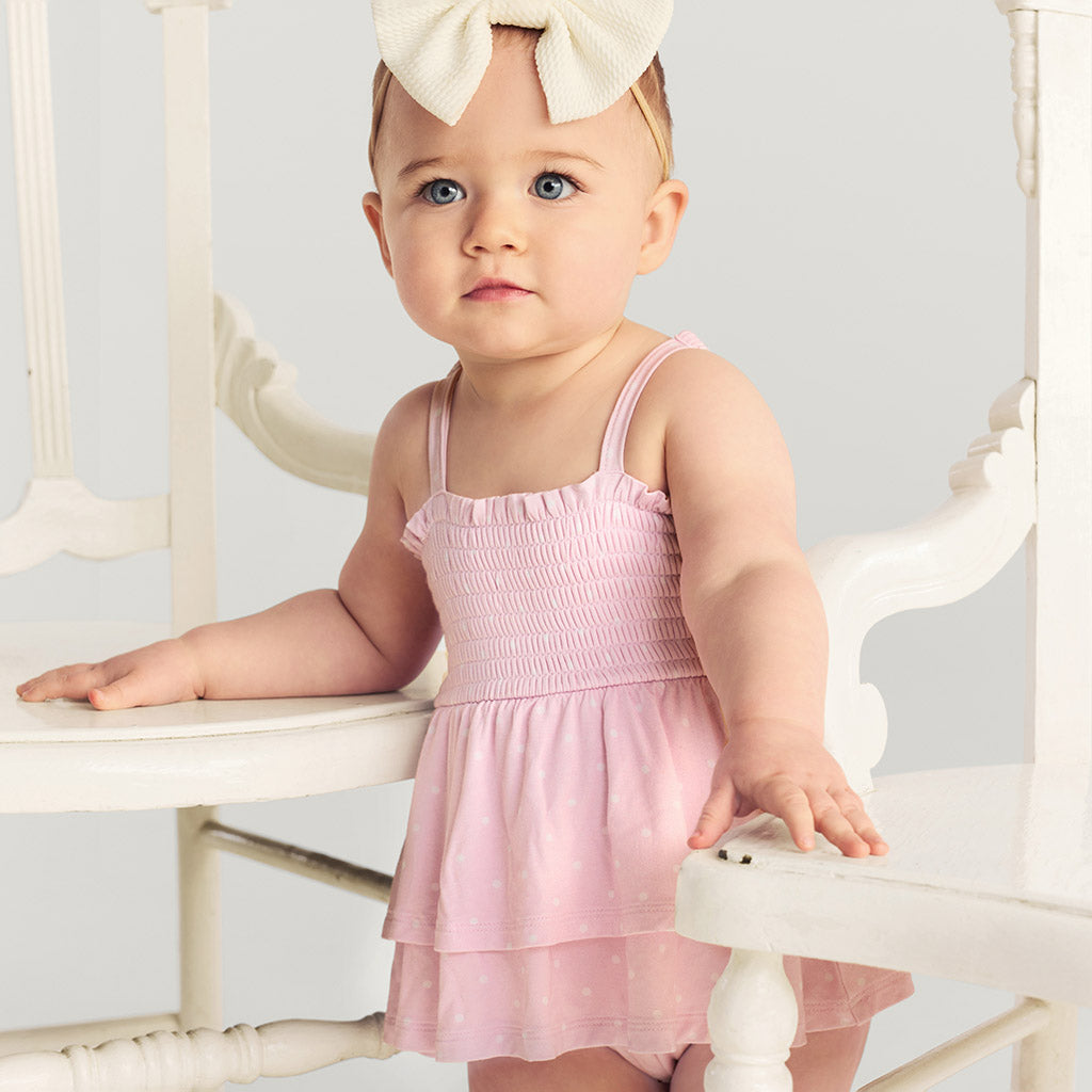 Caroline Dot Smocked Tiered Bodysuit Dress