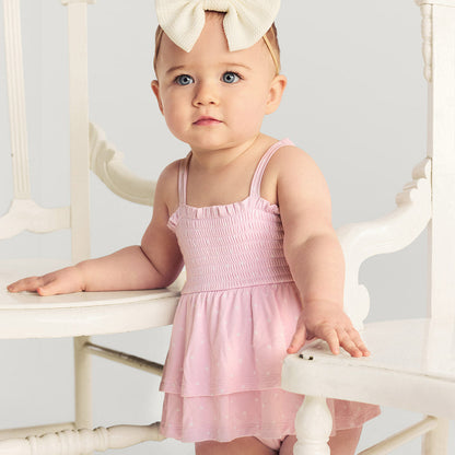 Caroline Dot Smocked Tiered Bodysuit Dress