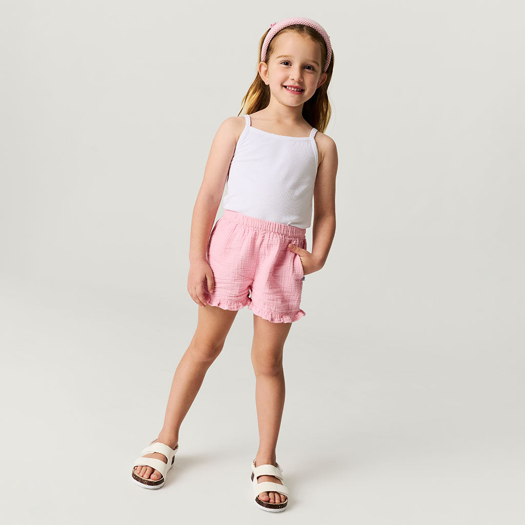 Happy Pink Cotton Crinkle Ruffled Shorts