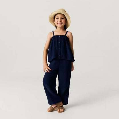 Varsity Navy Cotton Crinkle Paperbag Pants