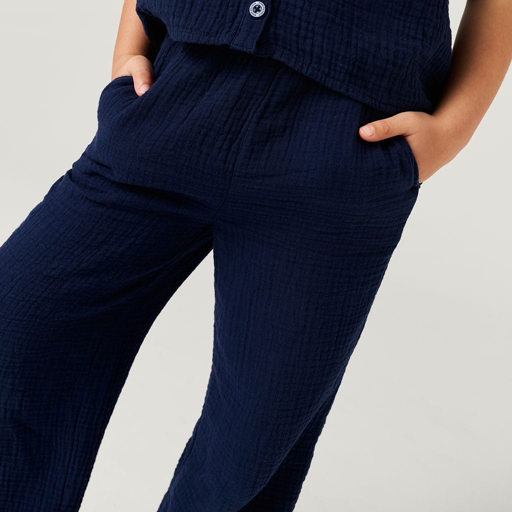 Varsity Navy Cotton Crinkle Paperbag Pants