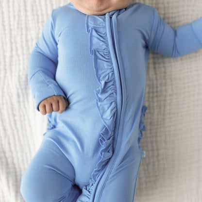 Chatham Blue Footie Ruffled Zippered One Piece