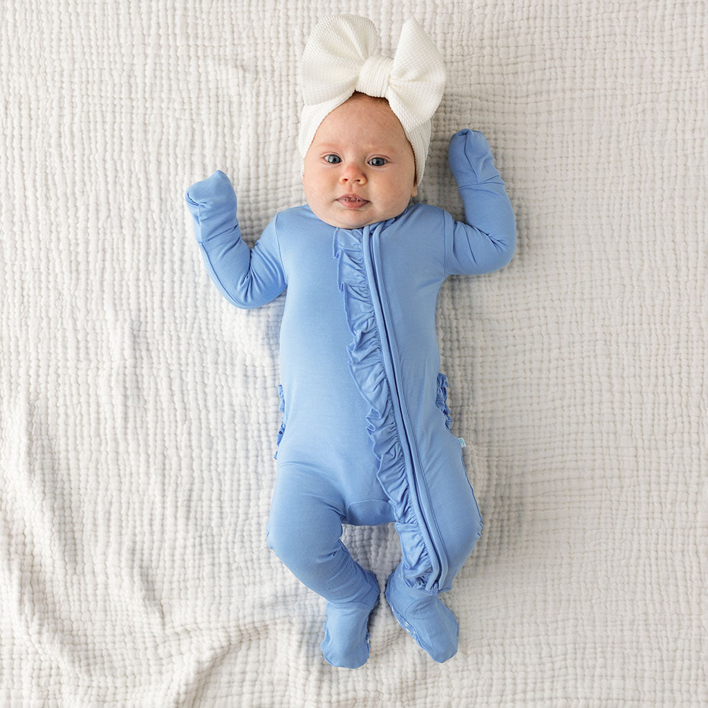 Chatham Blue Footie Ruffled Zippered One Piece