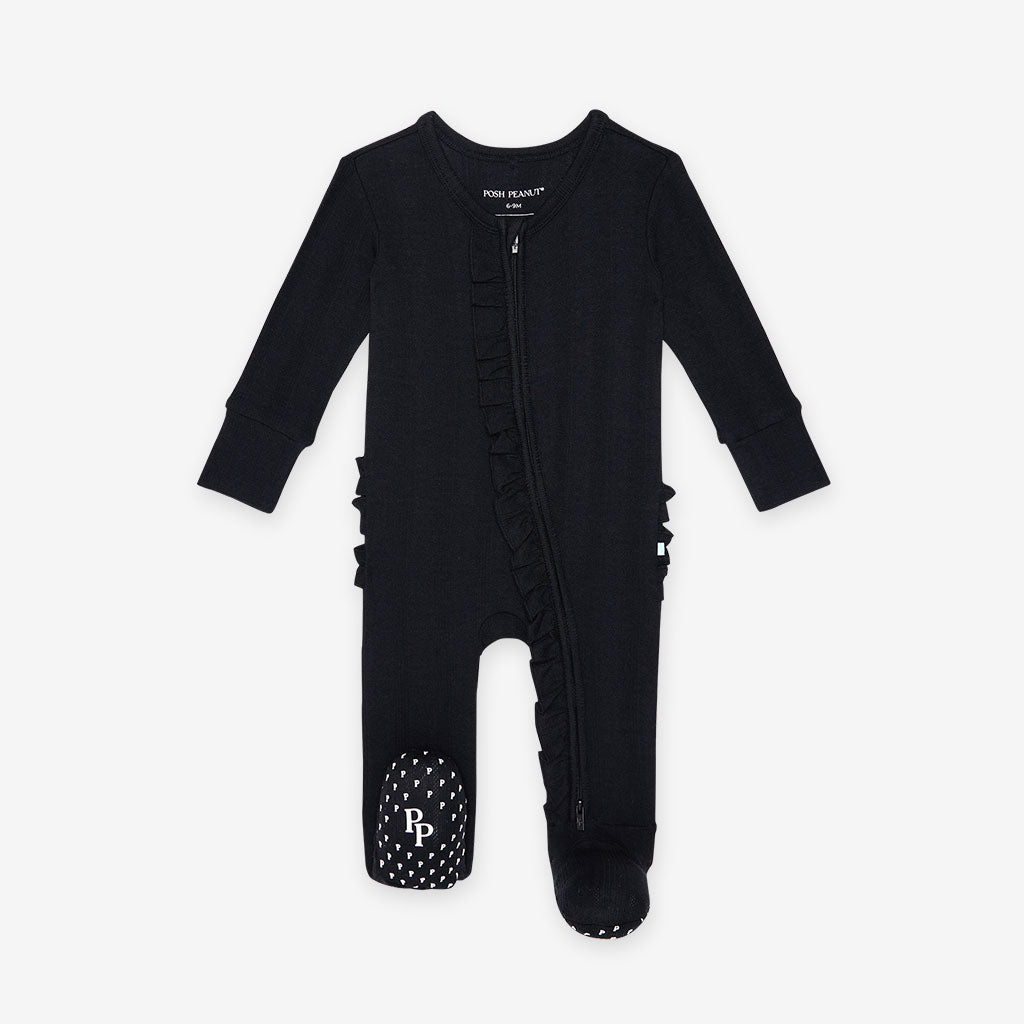 Black Pointelle Footie Ruffled Zippered One Piece