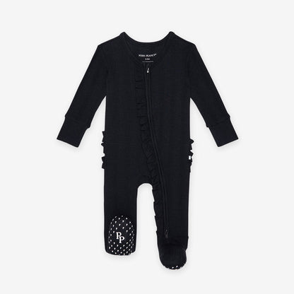 Black Pointelle Footie Ruffled Zippered One Piece