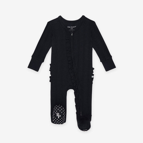 Black Pointelle Footie Ruffled Zippered One Piece