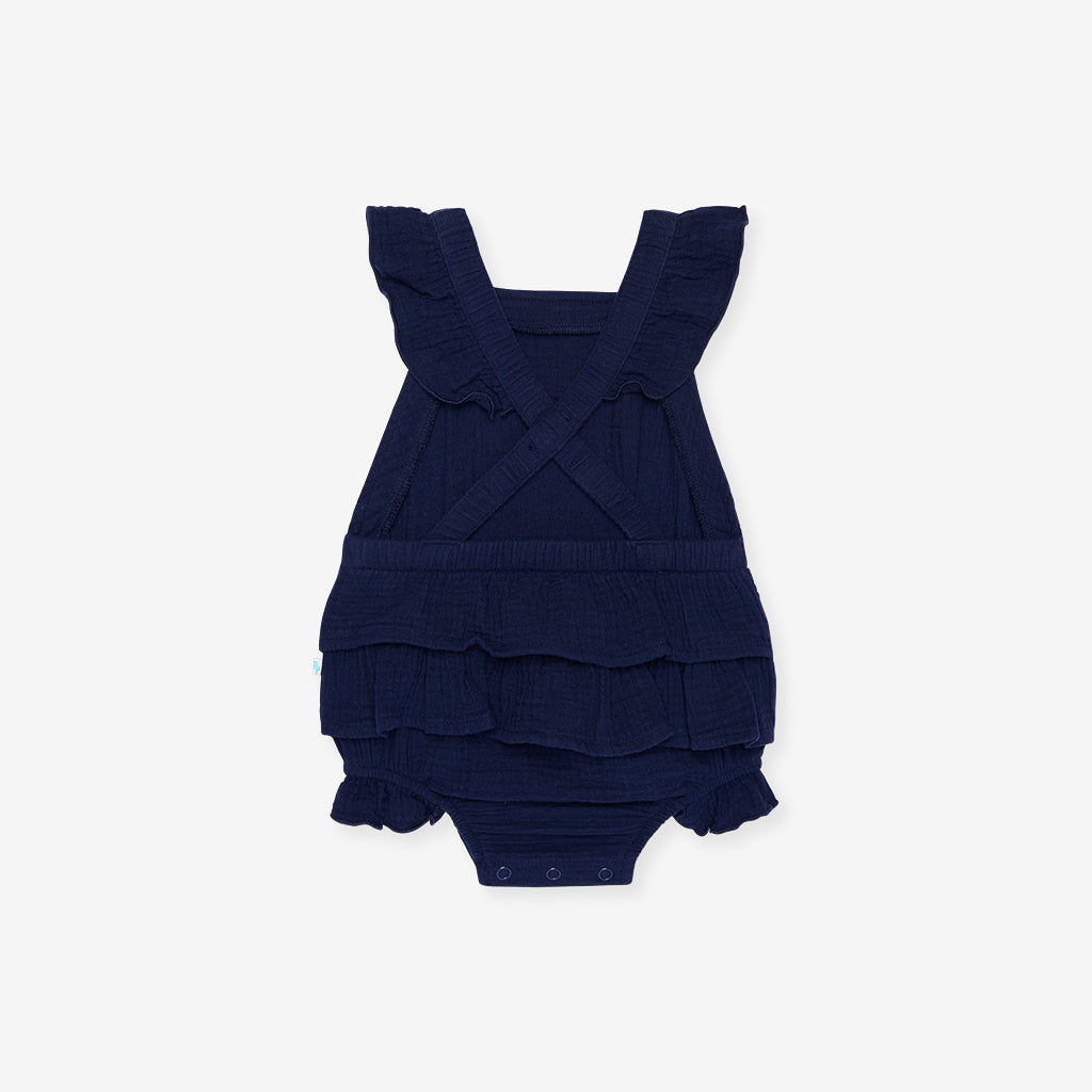 Varsity Navy Cotton Crinkle Ruffled Romper