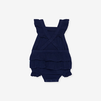 Varsity Navy Cotton Crinkle Ruffled Romper