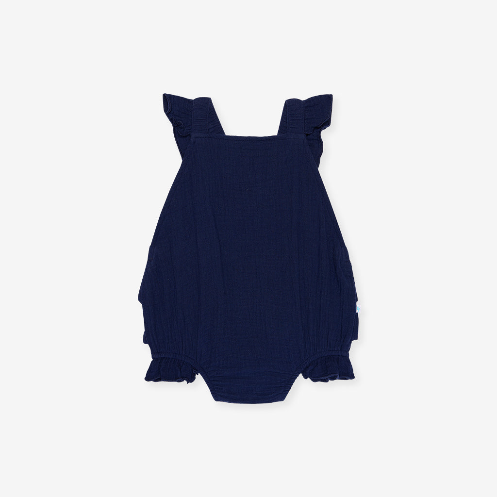 Varsity Navy Cotton Crinkle Ruffled Romper