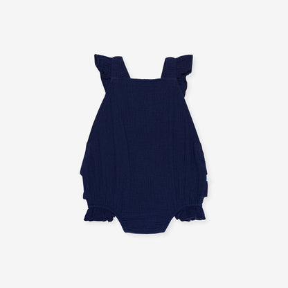 Varsity Navy Cotton Crinkle Ruffled Romper
