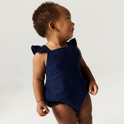 Varsity Navy Cotton Crinkle Ruffled Romper