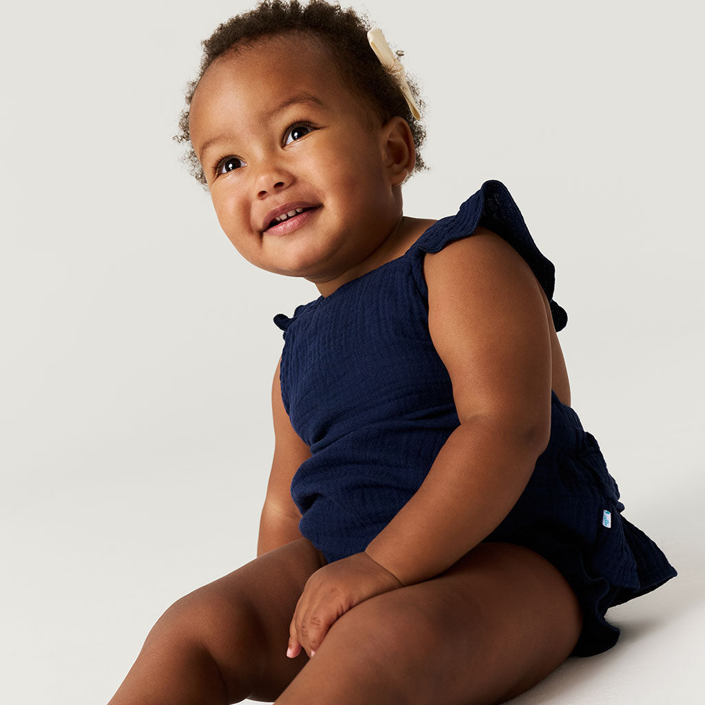 Varsity Navy Cotton Crinkle Ruffled Romper
