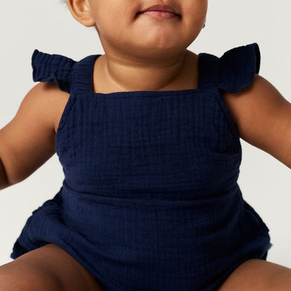 Varsity Navy Cotton Crinkle Ruffled Romper