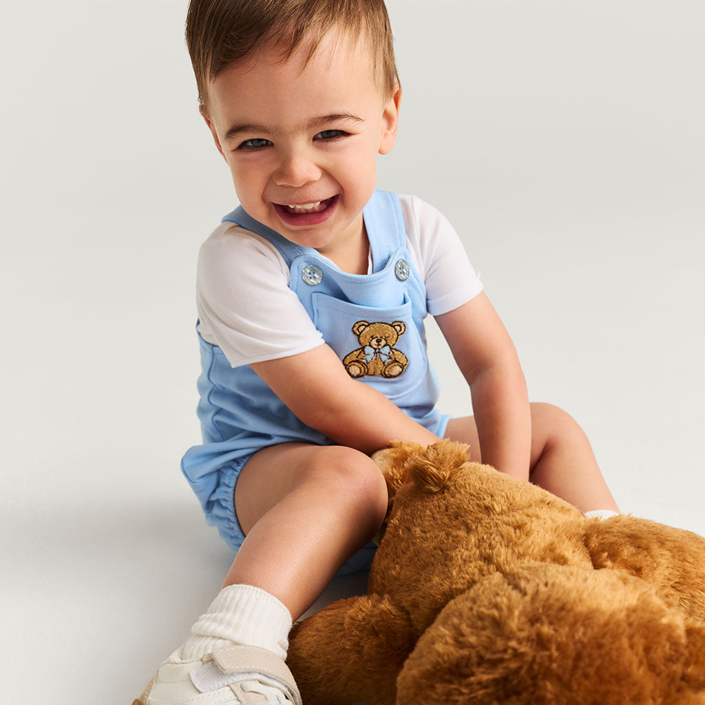 Baby Bear Blue French Terry Overall Bubble Romper