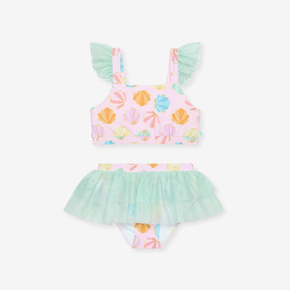 Shelly Pink Ruffled Tank Tulle Two Piece Swimsuit