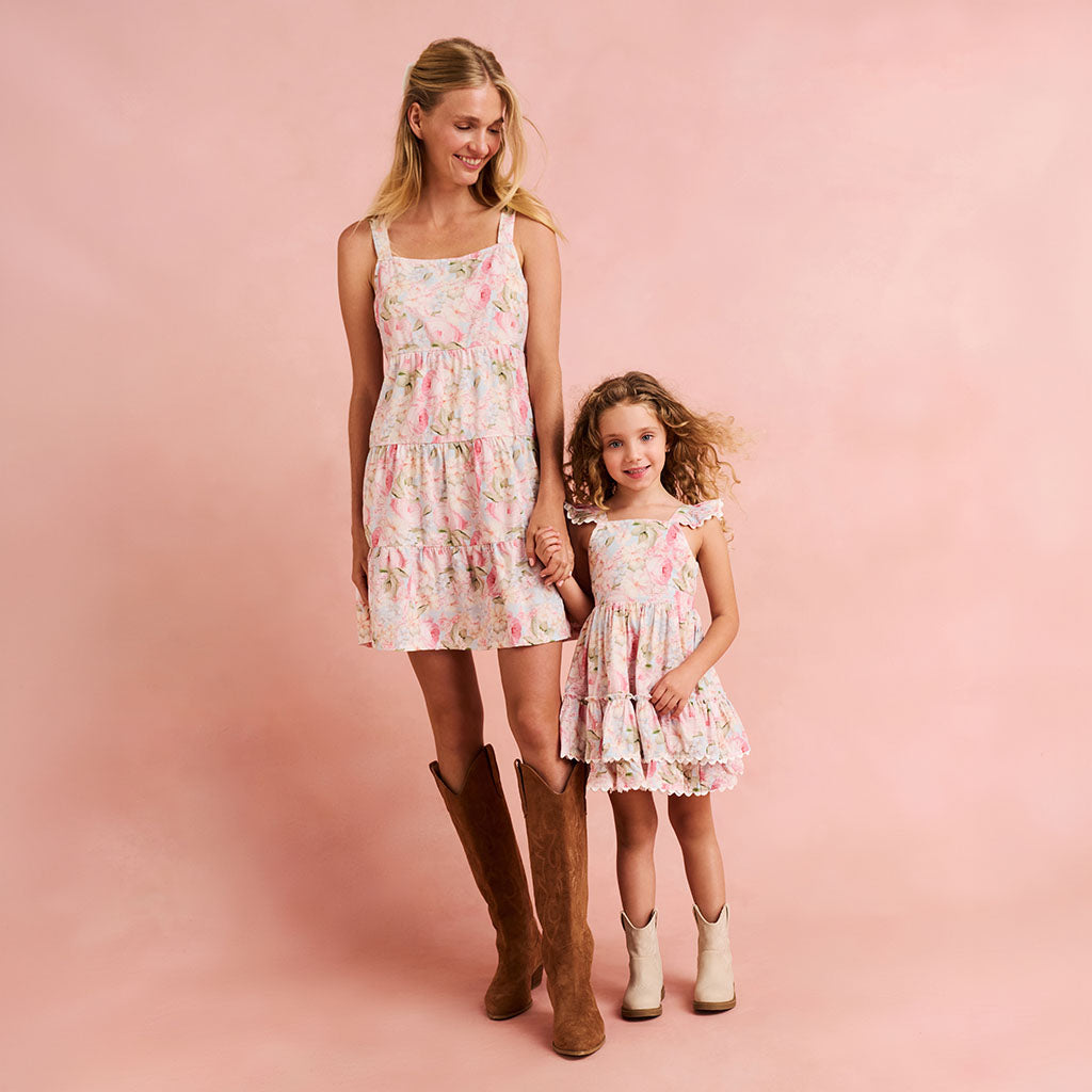 Rose Dreams Bamboo Challis Tie Back Tiered Dress