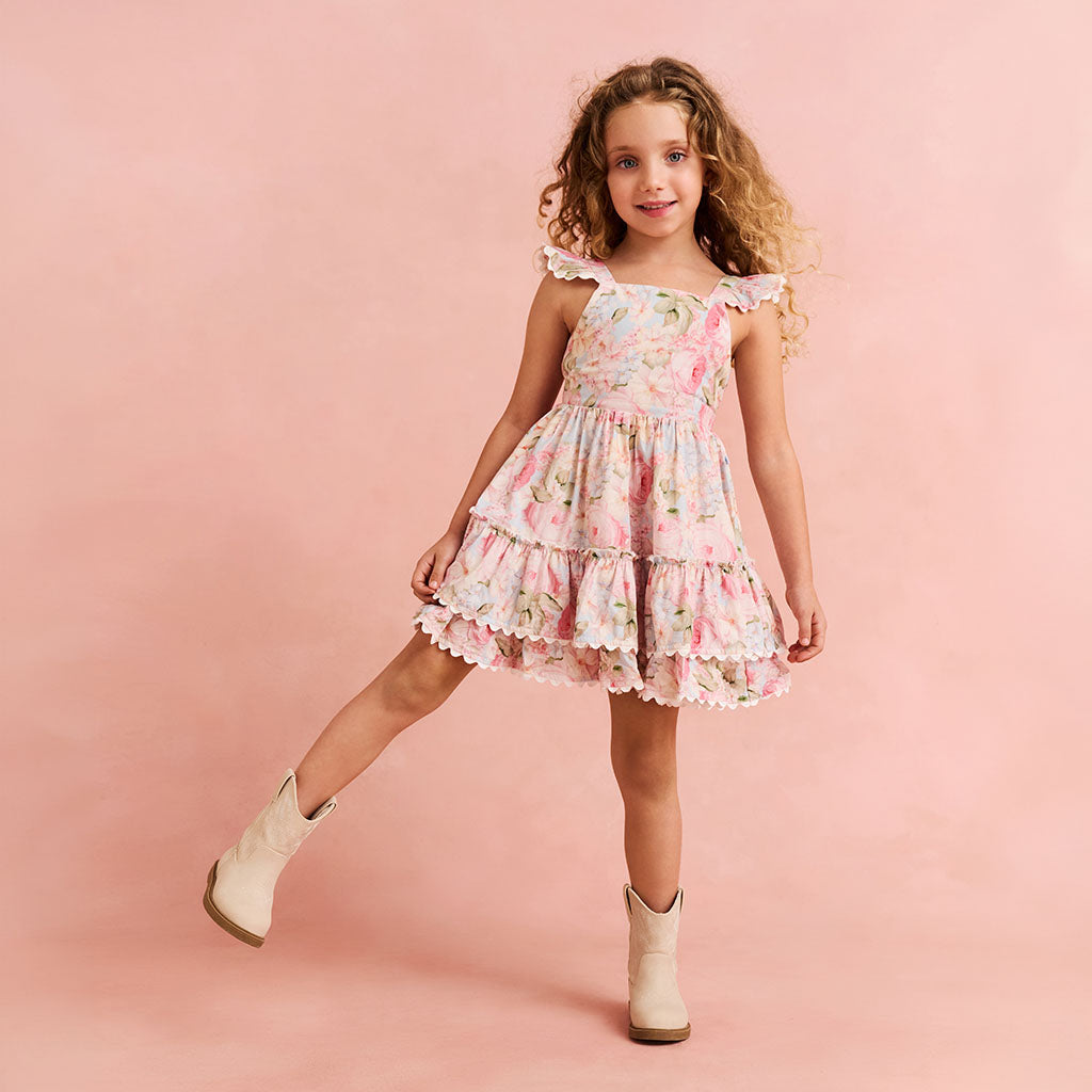 Rose Dreams Bamboo Challis Tie Back Tiered Dress