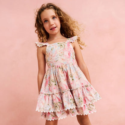 Rose Dreams Bamboo Challis Tie Back Tiered Dress