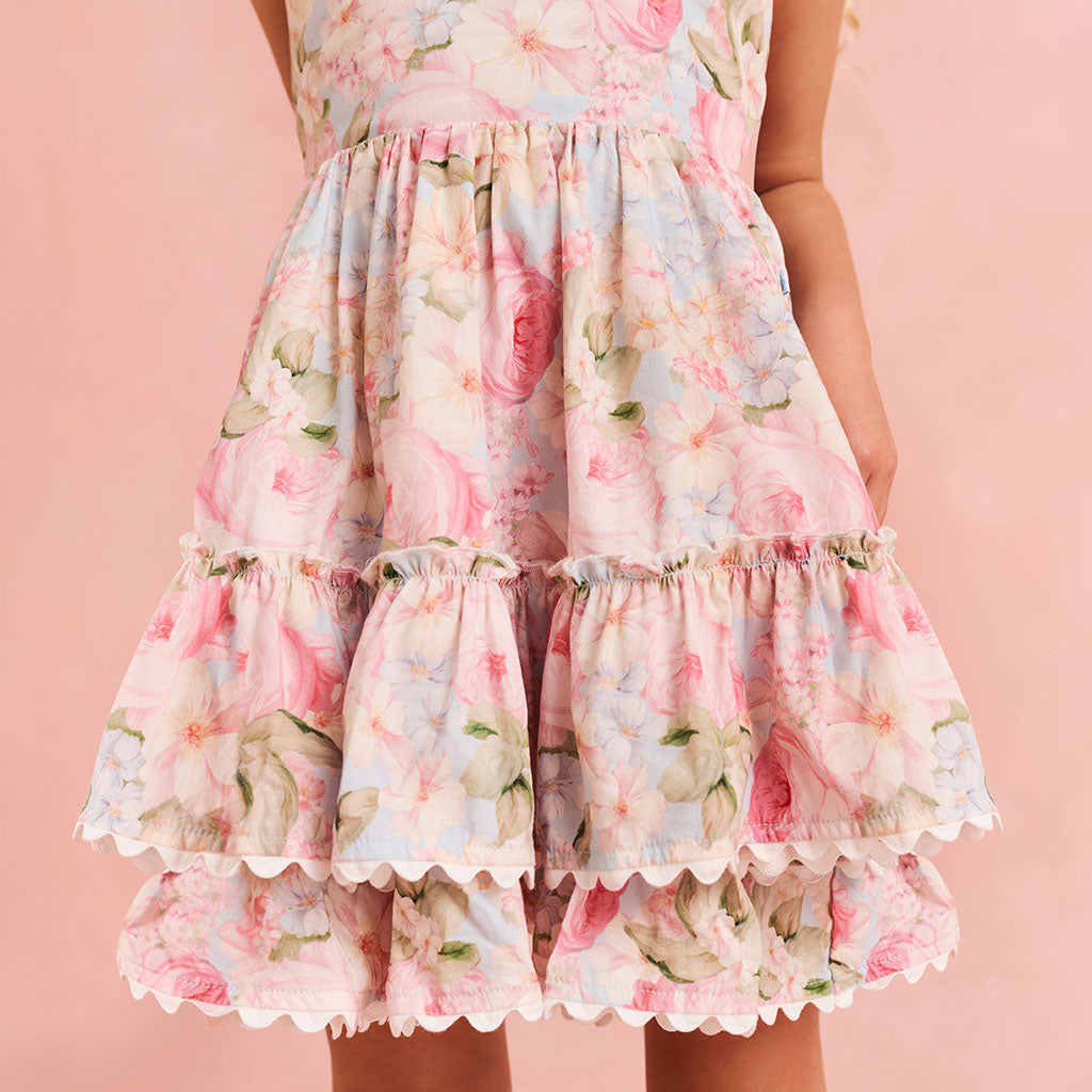 Rose Dreams Bamboo Challis Tie Back Tiered Dress
