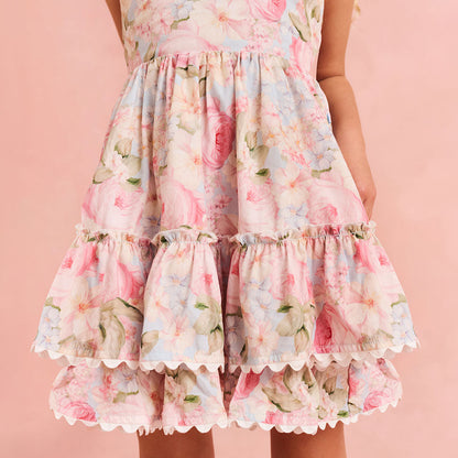 Rose Dreams Bamboo Challis Tie Back Tiered Dress