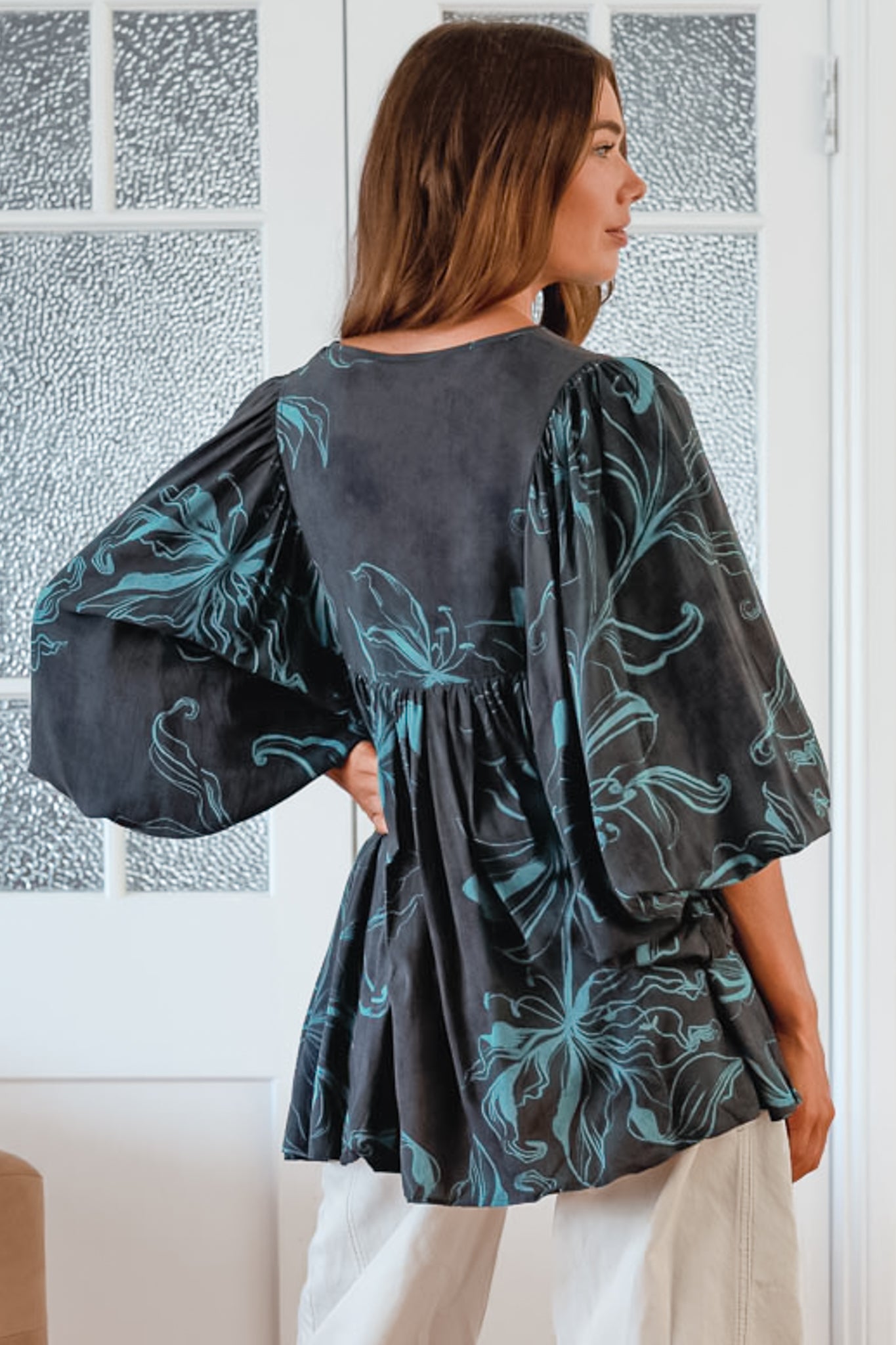 JAASE - Paloma Blouse: V Neckline Smock Top with Billowy Sleeves in Midnight Lilly Print