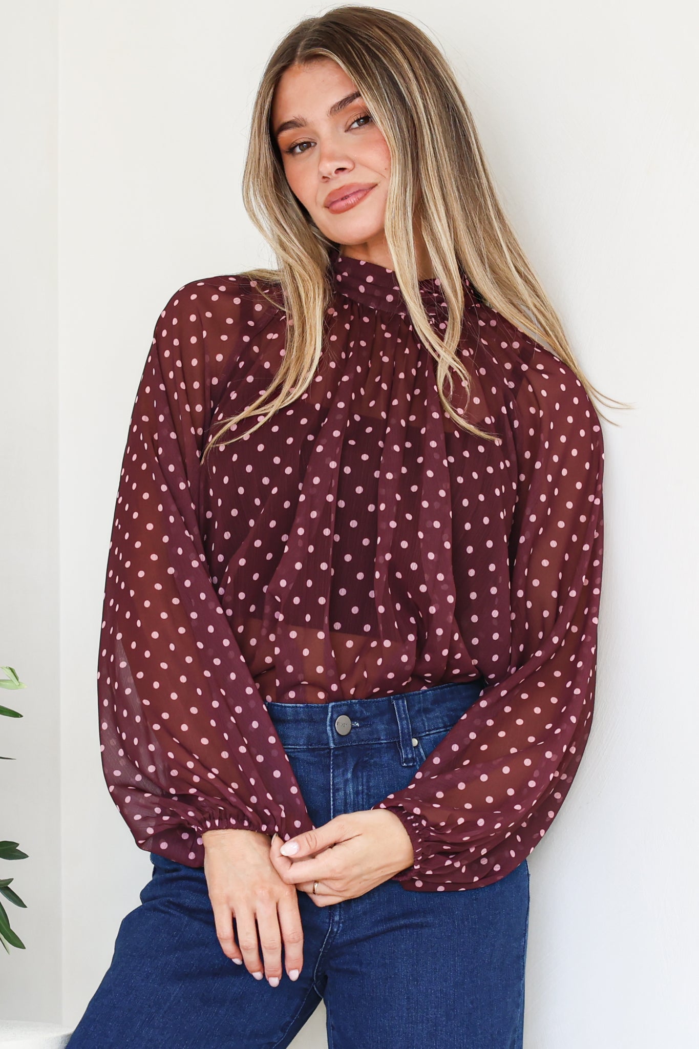Paramount Blouse - High Collar Balloon Sleeve Sheer Balloon Sleeve Pull Over in Wine Polka Dot