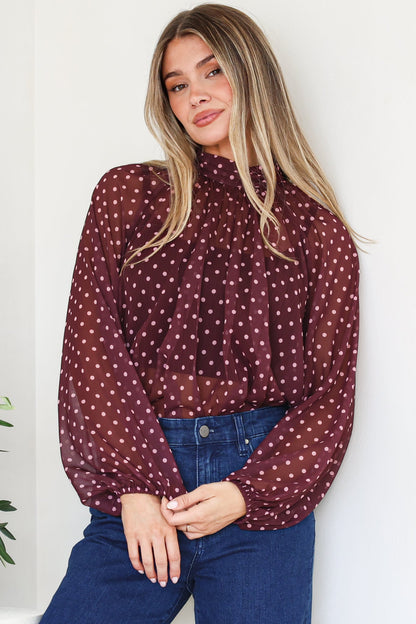 Paramount Blouse - High Collar Balloon Sleeve Sheer Balloon Sleeve Pull Over in Wine Polka Dot
