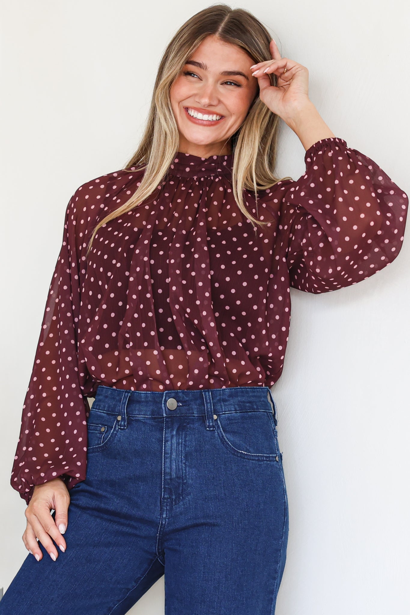 Paramount Blouse - High Collar Balloon Sleeve Sheer Balloon Sleeve Pull Over in Wine Polka Dot
