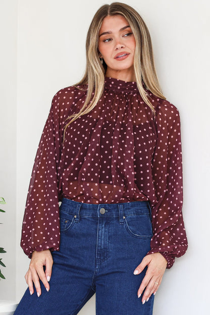 Paramount Blouse - High Collar Balloon Sleeve Sheer Balloon Sleeve Pull Over in Wine Polka Dot