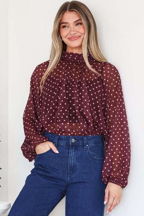 Paramount Blouse - High Collar Balloon Sleeve Sheer Balloon Sleeve Pull Over in Wine Polka Dot